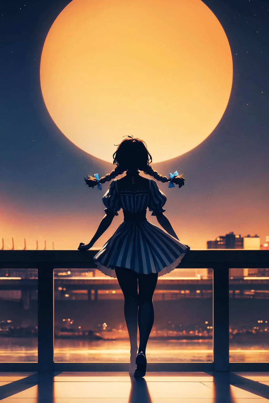 masterpiece, best quality, <lora:style shadow:.95> silhouette, shadow, outdoors, night sky, moon, 1girl, solo, <lora:fastfood_wendys-10:0.95> ffwendys, twin braids, hair bow, striped dress, striped sleeves, puffy sleeves, striped thighhighs
