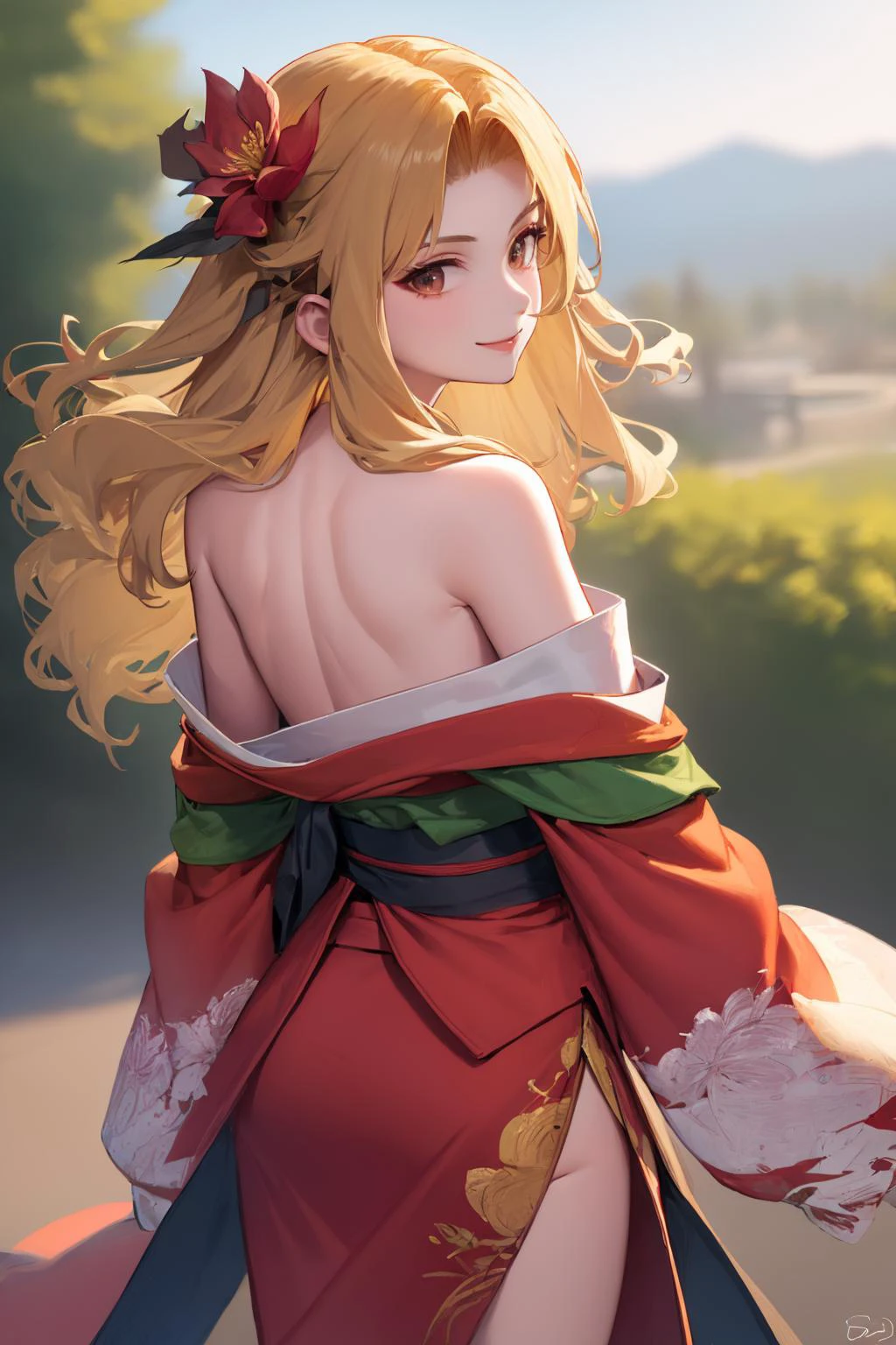 masterpiece, best quality, brigid, japanese clothes, from behind, bare shoulders, off shoulder, hair ornament, kimono, hair flower, floral print,, cowboy shot, looking at viewer, smile <lora:brigid-nvwls-v1:0.9> <lora:OffShoulderKimono:0.9>