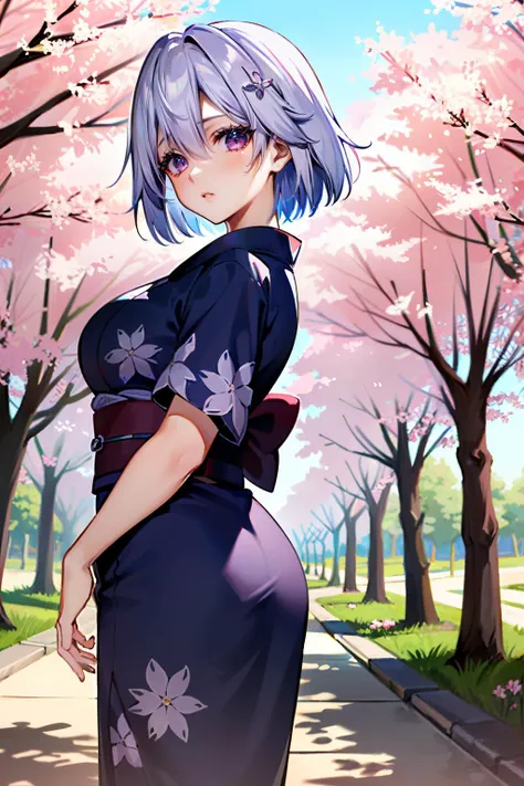 ((ultra detailed, masterpiece, absurdres))
<lora:DOAChristie:0.9>
DOAChristie, 1girl, short hair, white hair, purple eyes, walking in a serene Japanese park with cherry blossoms, yukata, and a hair ornament