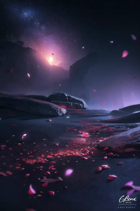 a (frozen:1.1) cosmic rose, the petals glitter with a crystalline shimmer, swirling nebulas, 8k unreal engine photorealism, ethereal lighting, purple, nighttime, darkness, surreal art