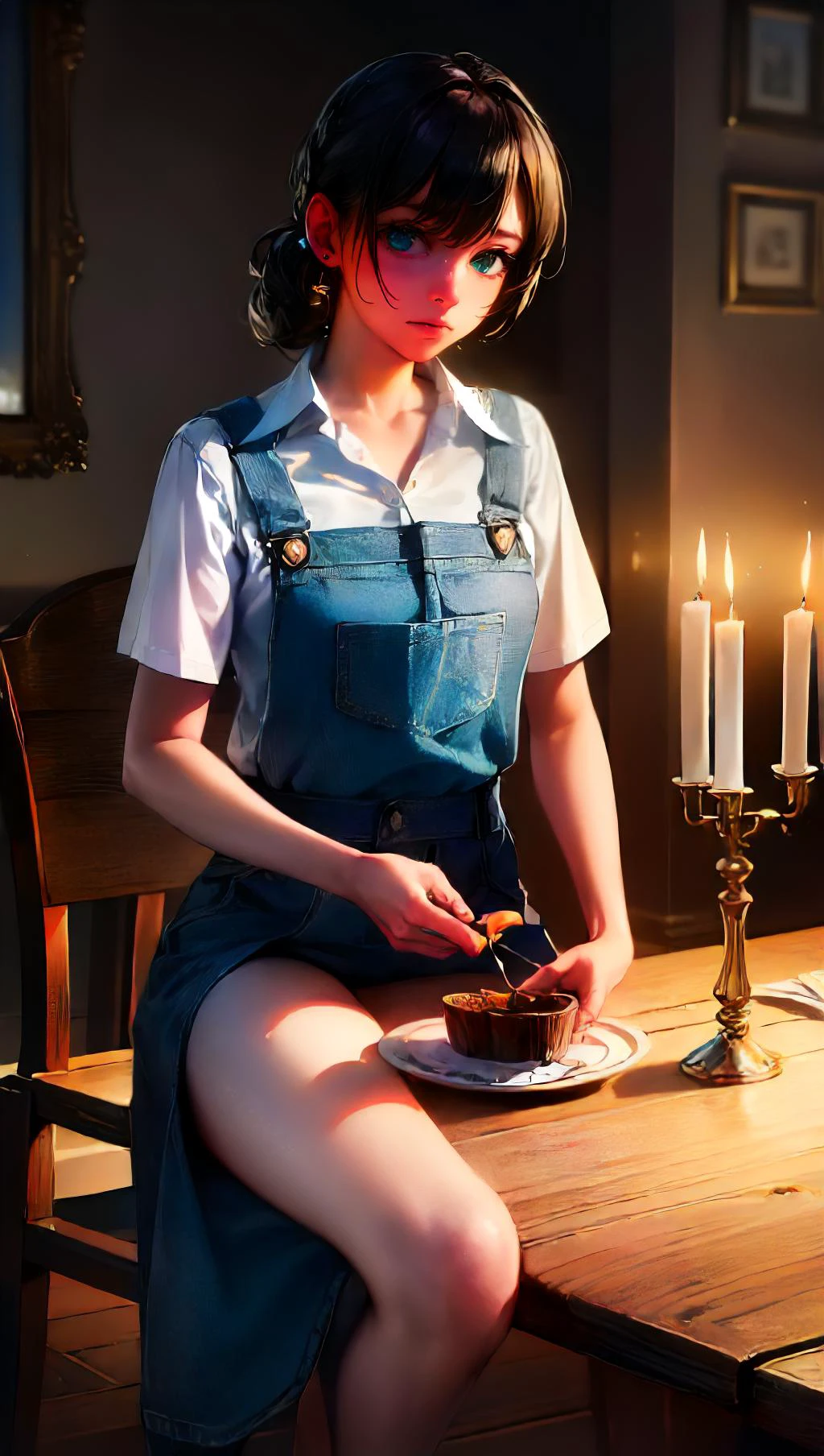 (best quality, high quality, photograph, hyperrealism, masterpiece, 8k:1.3), 1girl, Fijian, rough, nsfw, overalls, aqua shirt, long pixie hair, shocked, Candlelit Dinner, The glow of candles during a romantic dinner, creating an intimate and passionate atmosphere, trending on Pixiv, concept art, shot by irving penn, full body