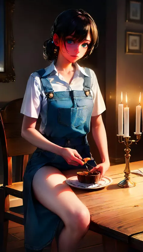 (best quality, high quality, photograph, hyperrealism, masterpiece, 8k:1.3), 1girl, Fijian, rough, nsfw, overalls, aqua shirt, long pixie hair, shocked, Candlelit Dinner, The glow of candles during a romantic dinner, creating an intimate and passionate atmosphere, trending on Pixiv, concept art, shot by irving penn, full body