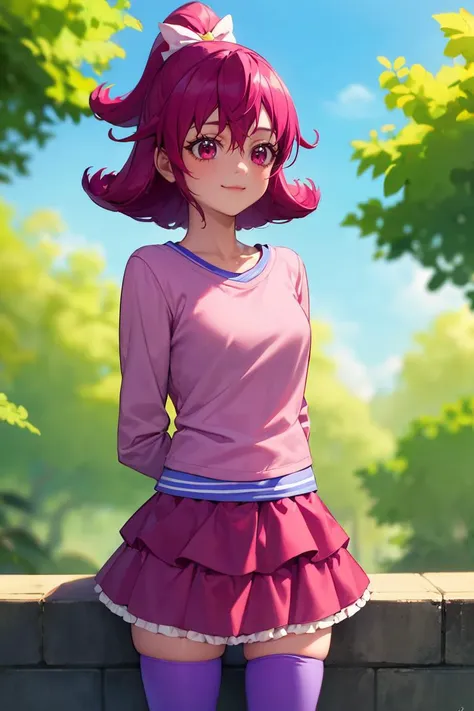 masterpiece, best quality, absurdres, 1girl, solo, AidaMana, pink hair, short hair, half updo, hair ribbon, pink shirt, long sleeves, pink skirt, frilled skirt, purple thighhighs, outdoors, arms behind back, smile, <lora:CHAR-CureHeart:1>