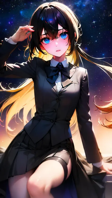 (best quality, high quality, photograph, hyperrealism, masterpiece, 8k:1.3), 1girl, Namibian, slender, nsfw, tuxedo, bowtie, shag hair, surprised, Starry Sky, A dark background with twinkling stars, setting a magical and romantic tone, trending on Unsplash, concept art, shot by ansel adams, upper body