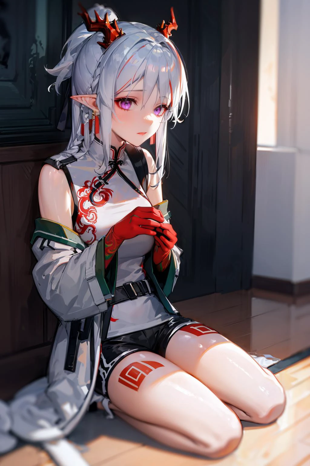 best quality, hands on own knees, <lora:Nian_Arknights:.9> nian (arknights), , belt, white coat, red bandeau, black shorts, china dress, chinese clothes, sleeveless dress, white dress, braid, colored skin, ear piercing, earrings,