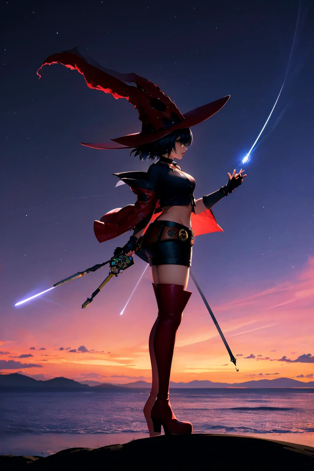 masterpiece, best quality, <lora:style shadow:.95> silhouette, shadow, outdoors, night sky, moon, 1girl, solo, <lora:ggino-nvwls-v1:0.95> striveIno, hat, choker, tinted eyewear, red jacket, short sleeves, black shirt, midriff, belt, fingerless gloves, thigh boots