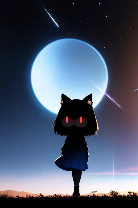 masterpiece, best quality, <lora:style shadow:.95> silhouette, shadow, outdoors, night sky, moon, 1girl, solo, <lora:necoarc:0.95> necoarc, slit pupils, cat ears, blonde hair, red eyes, chibi, :3, turtleneck, blue skirt, pleated skirt, pantyhose, brown footwear