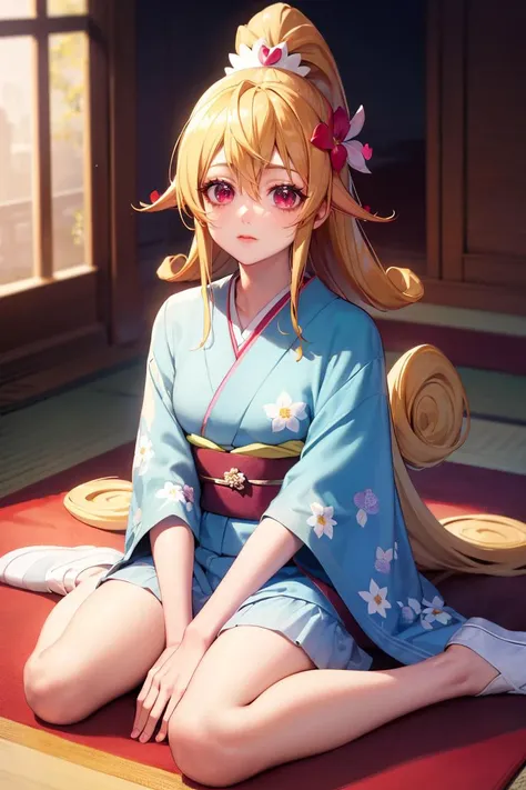 masterpiece, best quality, absurdres, 1girl, solo, CureHeart, blonde hair, long hair, ponytail, indoors, kimono, hair flower, floral print, wariza, sitting, <lora:CHAR-CureHeart:1>