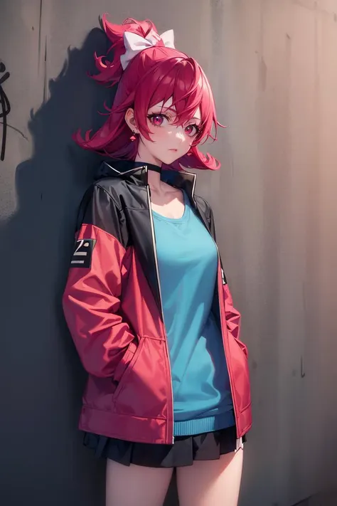 masterpiece, best quality, absurdres, 1girl, solo, AidaMana, pink hair, short hair, half updo, hair ribbon, earrings, sharp eyes, choker, neon shirt, open jacket, turtleneck sweater, night, against wall, brick wall, graffiti, dim lighting, alley, looking at viewer, <lora:CHAR-CureHeart:1>