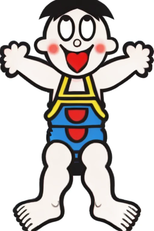 <lora:wantwant_LoHa_v1:0.9>, wantwant, heart in mouth, heart tongue, 1boy, open mouth, barefoot, smile, blush, black hair, outstretched arms, flat color, :d, suspenders, shirt,
white background, simple background,