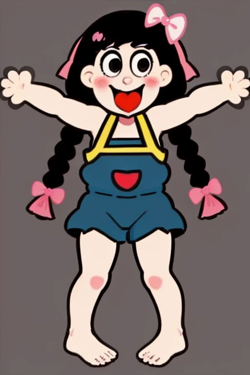 <lora:wantwant_LoHa_v1:0.7>, wantwant, heart in mouth, heart tongue, 1girl, open mouth, barefoot, smile, blush, black hair, outstretched arms, flat color, :d, suspenders,
hair bow, braid, twin braids, pink bow, twintails,