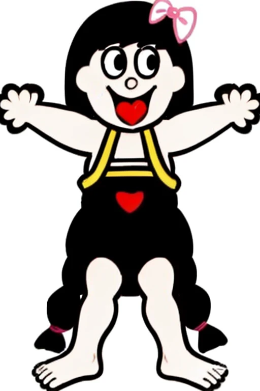 <lora:wantwant_LoHa_v1:0.9>, wantwant, heart in mouth, heart tongue, 1girl, open mouth, barefoot, white background, smile, simple background, black hair, outstretched arms, flat color, :d, suspenders, shirt,
hair bow, braid, open mouth, twin braids, smile, white background, pink bow, twintails