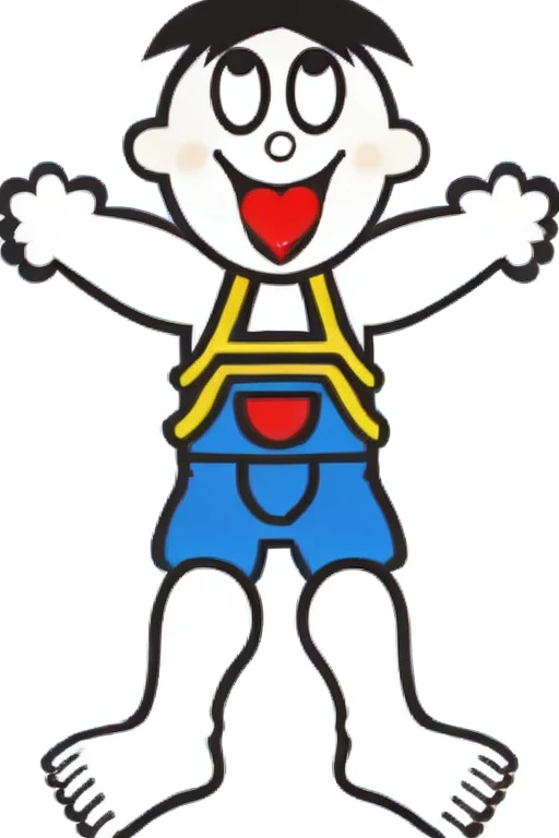<lora:wantwant_LoHa_v1:1>, wantwant, heart in mouth, heart tongue, solo, 1boy, open mouth, male focus, barefoot, white background, smile, simple background, black hair, outstretched arms, flat color, full body, happy, :d, suspenders, shirt