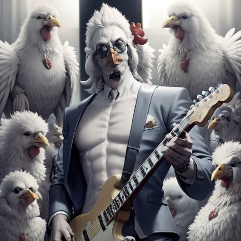 (detailed,:1.3),album cover, (good_morning:1.2)
chicken head,,(sunglasses:1.1)(pectorals:1.2), ( topless,:1.2) open jacket,
(guitar, rock_star:1.1),singing, beak,crest
sunrise,microphone stand, 
(best quality,:0.3)  ( master piece,:0.5)(white_pupils:0.7), <lora:Mr MC D X V_20230621031302:1.0>