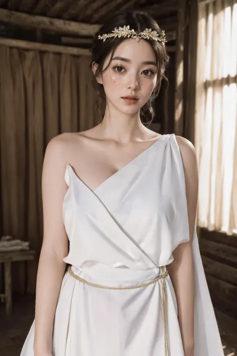 <lora:toga:0.8>, best quality, masterpiece, illustration, (realistic, photo-realistic:1.37), amazing, finely detail, incredibly absurdres, huge filesize, ultra-detailed, highres, extremely detailed CG unity 8k wallpaper, extremely detailed eyes and face, ray tracing, 1girl, korean young girl, medium breasts, A bust portrait of a beautiful young Korean woman wearing a white toga in an asymmetric style. The fabric drapes over her right shoulder then diagonally across her torso to the left side of her waist. Her left shoulder to neck are bare, with no fabric covering that side. Soft lighting illuminates her face and olive skin. Very detailed digital art.