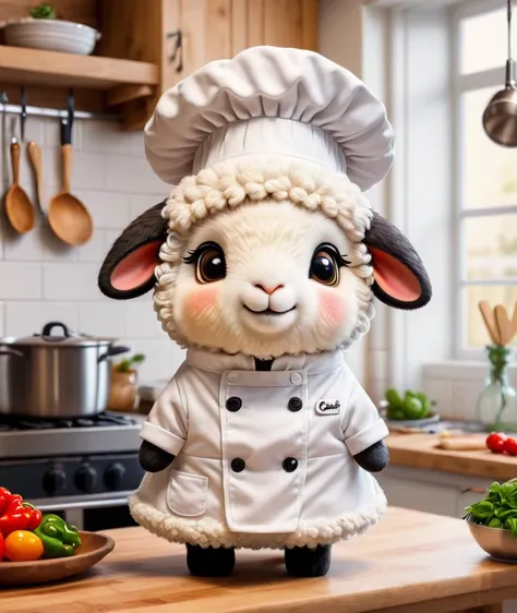 an adorable fluffy sheep wearing a chefs hat and outfit, in a kitchen, professional, high quality, super cute, kawaii, 8k, adorable <lora:FaeTastic:0.7>