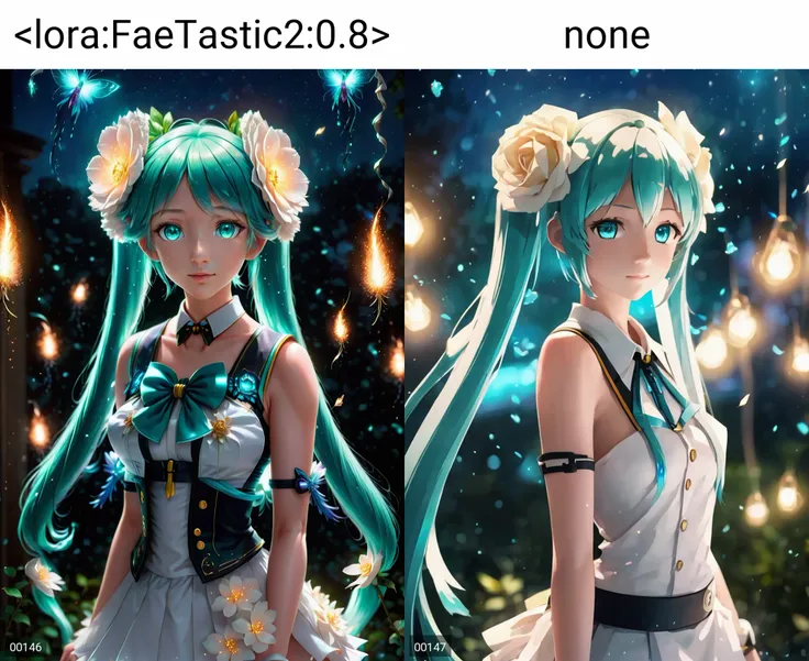 face focus, masterpiece, best quality, 1girl, hatsune miku, white roses, petals, night background, fireflies, light particle, solo, aqua hair with twin tails, aqua eyes, standing, pixiv, depth of field, cinematic composition, best lighting, looking up
<lora:FaeTastic2:0.8>