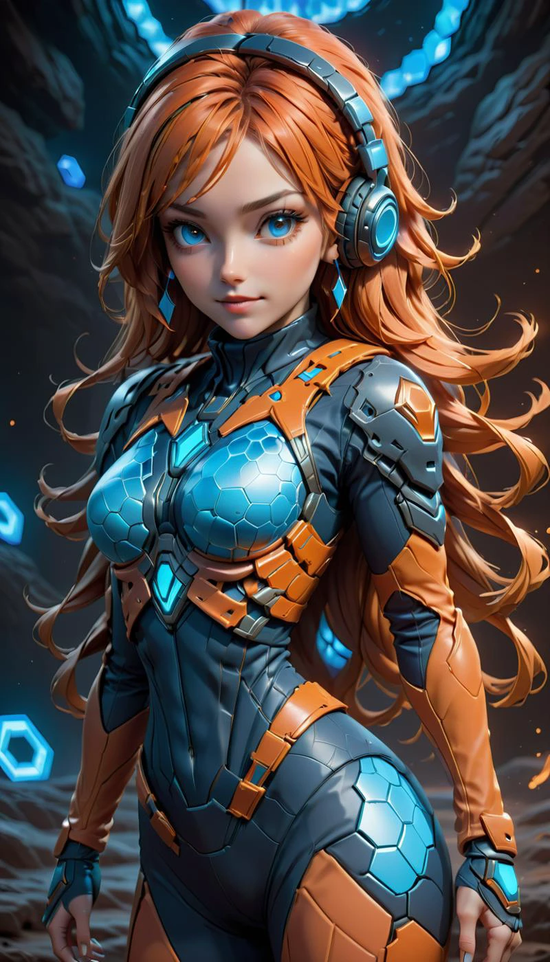 Design a stunning 3d masterpiece featuring an Epic Cowboy Shot of an anime woman in hexagon pattern. The composition should showcase her long two-tone hair (cyan and orange) styled with headphones, hairband, and hair ornament. She wears dark blue breastplate and orange pants that accentuate her figure. Her smile is infectious as she looks directly at the viewer through hexagonal patterns in the background. Emphasize high-quality details to create an unforgettable experience for viewers. Trend this piece on ArtStation by showcasing its unique blend of styles and themes. <lora:FaeTastic2:0.7> <lora:StillsuitXl_1.21:0.5>