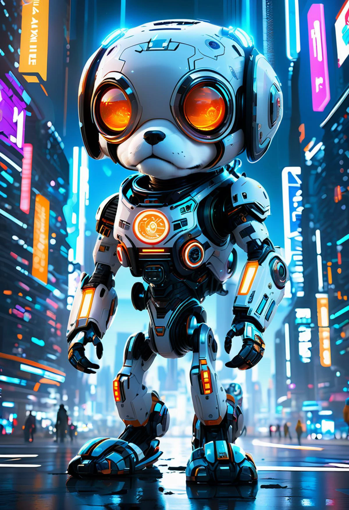 breathtaking sci-fi style concept art highly weaponized hyperrealistic adorable cyborg dog with bright glowing energy parts in a futuristic cyberpunk world . digital artwork, illustrative, painterly, matte painting, highly detailed . futuristic, technological, alien worlds, space themes, advanced civilizations . award-winning, professional, highly detailed, <lora:FaeTastic2:0.7>