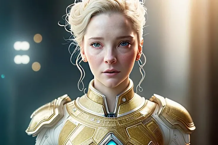 head and shoulders style portrait photo (((shot from the waist up))) of beautiful young woman with pale white skin with short blond hair and piercing clear white eyes in a (((futuristic and sexy skin tight white and gold full body smooth bodyarmor with small arc reactor in the center of her chest))) looking at camera during a professional photoshoot modelshoot style, (((((insanely detailed, high definition, high quality, amazing detail, intricate details, shallow depth of field, reflections, photographed on a Canon EOS R5, 50mm lens, F/2.8, HDR, sharp focus, award-winning, Unreal Engine 5, 8K, hq, hrd, art by artgerm and greg rutkowski and alphonse mucha))))), morfyddclark