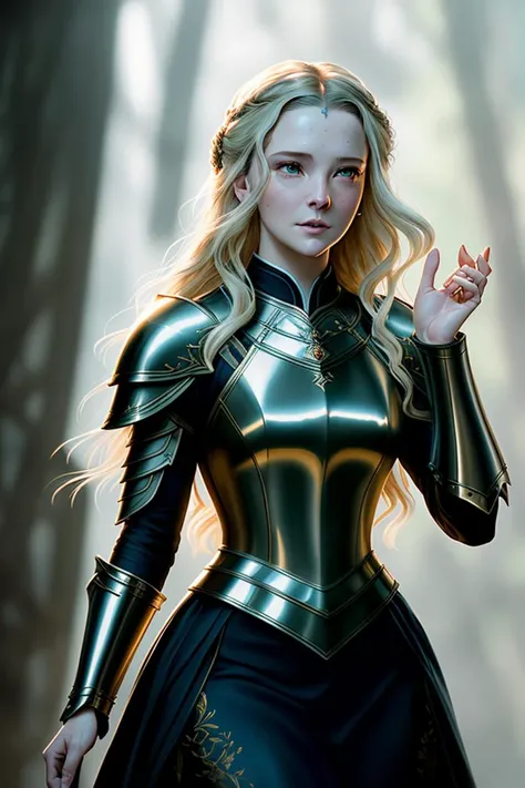 ((morfyddclark)) (as an aggressive Galadriel in The Lord of The Rings), modelshoot style, (extremely detailed CG unity 8k wallpaper), photo of the most beautiful artwork in the world, professional majestic oil painting by Bastien Lecouffe-Deharme, Studio Ghibli, by Steve Henderson, Greg Manchess, Antonio Moro, trending on CGSociety, Intricate, High Detail, Sharp focus, dramatic, photorealistic painting art by midjourney and greg rutkowski, (((perfect thighs))), ((wearing shiny armor)), (((detailed eyes))), ((looking at viewer)), (cold stare)