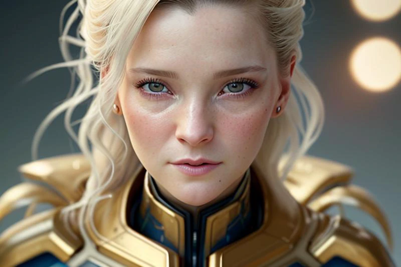 morfyddclark, head and shoulders style portrait photo (((shot from the waist up))) of beautiful young woman with pale white skin with short blond hair and piercing clear white eyes in a (((futuristic and sexy skin tight white and gold full body smooth bodyarmor with small arc reactor in the center of her chest))) looking at camera during a professional photoshoot modelshoot style, (((((insanely detailed, high definition, high quality, amazing detail, intricate details, shallow depth of field, reflections, photographed on a Canon EOS R5, 50mm lens, F/2.8, HDR, sharp focus, award-winning, Unreal Engine 5, 8K, hq, hrd, art by artgerm and greg rutkowski and alphonse mucha)))))