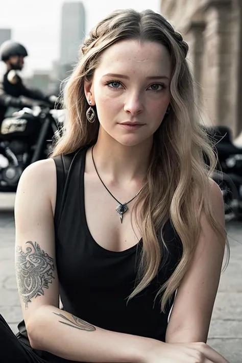 portrait of morfyddclark, a beautiful 20 year old girl, motorbikes in background , high details, intricate details, dramatic light, portrait ratio, high contrast, twisted pose, piercings, (intricate tattoos), (black tanktop shirt), braid on one side, slightly crooked smiling, ((nosering)), black & white, (smokey eye shadow)