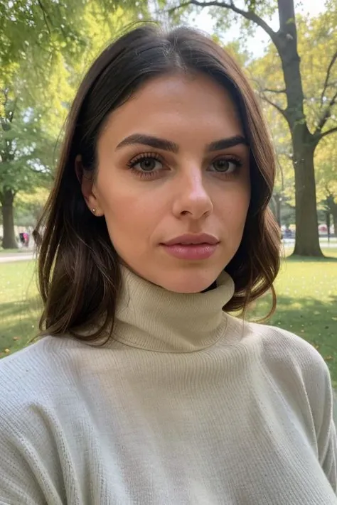headshot of ,a gorgeous woman,in a (park:1.1),wearing a (turtleneck:1.1),(updo-hair),(4k, RAW photo, best quality, 50mm, depth of field, ultra high res:1.1),(intricate, photorealistic, cinematic-shot, masterpiece, ultra-detailed:1.1), S387_AnnaRalphs