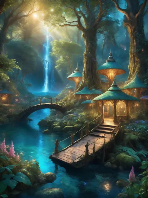 enchanted forest at twilight, ethereal light filtering through ancient towering trees, vividly detailed lush undergrowth, mystical creatures lurking in the shadows, sparkling fairy lights weaving through the foliage, a crystal-clear stream with water so pure it glows, cascading waterfall in the background with magical properties, fantasy wildlife drinking at the water's edge, highly detailed, photorealistic textures on every surface, soft diffused lighting creating a serene atmosphere, high dynamic range, ultra HD 8K resolution, depth of field emphasizing the magical focus points, art by Thomas Kinkade and Roger Dean, immersive, otherworldly beauty captured in cinematic quality,