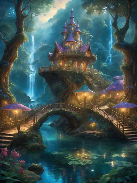 enchanted forest at twilight, ethereal light filtering through ancient towering trees, vividly detailed lush undergrowth, mystical creatures lurking in the shadows, sparkling fairy lights weaving through the foliage, a crystal-clear stream with water so pure it glows, cascading waterfall in the background with magical properties, fantasy wildlife drinking at the water's edge, highly detailed, photorealistic textures on every surface, soft diffused lighting creating a serene atmosphere, high dynamic range, ultra HD 8K resolution, depth of field emphasizing the magical focus points, art by Thomas Kinkade and Roger Dean, immersive, otherworldly beauty captured in cinematic quality,