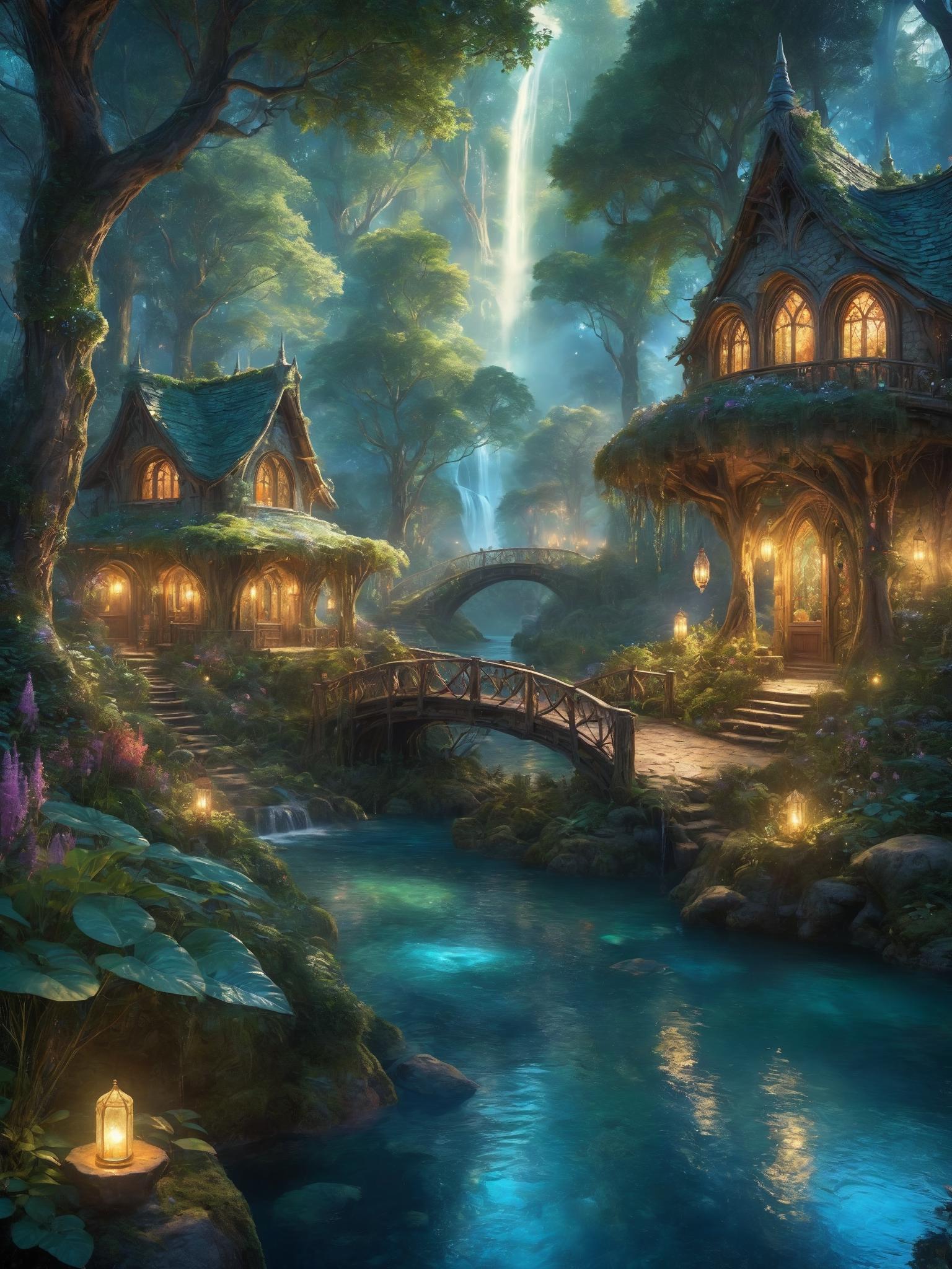 A painting of a house in the woods with a waterfall - SeaArt AI