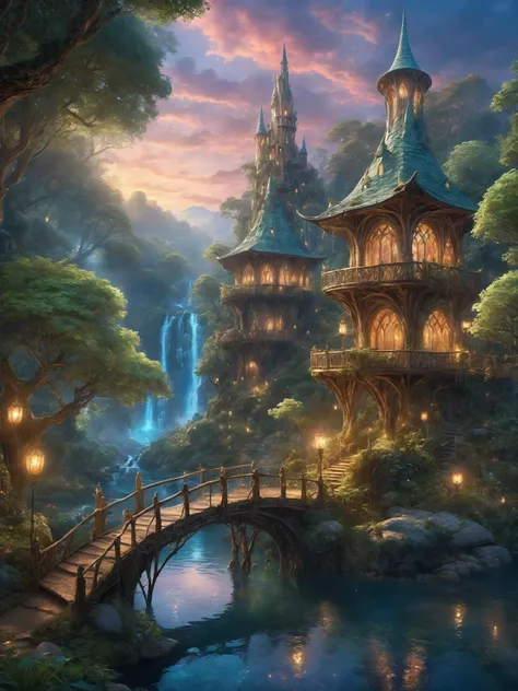 enchanted forest at twilight, ethereal light filtering through ancient towering trees, vividly detailed lush undergrowth, mystical creatures lurking in the shadows, sparkling fairy lights weaving through the foliage, a crystal-clear stream with water so pure it glows, cascading waterfall in the background with magical properties, fantasy wildlife drinking at the water's edge, highly detailed, photorealistic textures on every surface, soft diffused lighting creating a serene atmosphere, high dynamic range, ultra HD 8K resolution, depth of field emphasizing the magical focus points, art by Thomas Kinkade and Roger Dean, immersive, otherworldly beauty captured in cinematic quality,