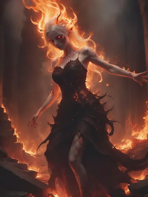 as you descent the stone steps into the fiery depths of hell, you are met with a pale skinned demon, she leans forward stalking you, her red eyes glow with fire and intensity