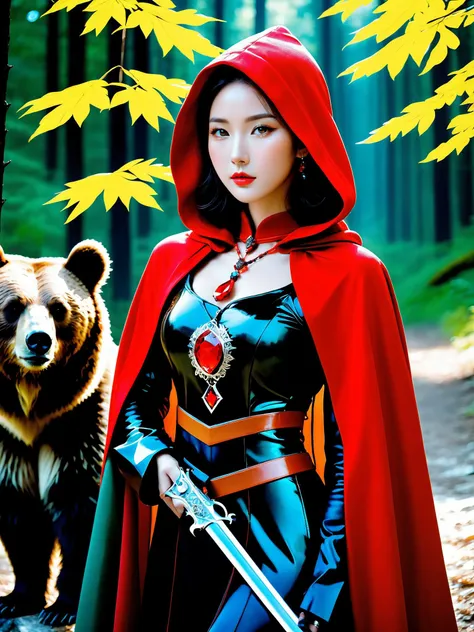 (a photo of a huntress with a grizzly), hunting, shotgun, realistic photo, 20yo asian, slender face, (sexy and beautiful face), shiny skin, glossy skin, sunset, cleavage, ((glowing crystal armor)), necklace, earrings, red cloak, hood, holding, (upper knees shot), forest, intricate details, ultra-realistic, high saturation, high contrast, 35mm raw photo,