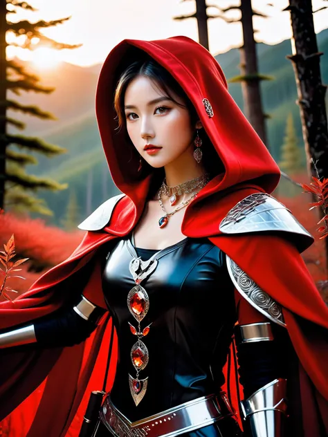 (a photo of a huntress with a grizzly), hunting, shotgun, realistic photo, 20yo asian, slender face, (sexy and beautiful face), shiny skin, glossy skin, sunset, cleavage, ((glowing crystal armor)), necklace, earrings, red cloak, hood, holding, (upper knees shot), forest, intricate details, ultra-realistic, high saturation, high contrast, 35mm raw photo,