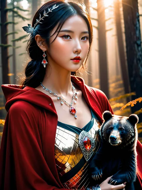 (a photo of a huntress with a grizzly), hunting, shotgun, realistic photo, 20yo asian, slender face, (sexy and beautiful face), shiny skin, glossy skin, sunset, cleavage, ((glowing crystal armor)), necklace, earrings, red cloak, hood, holding, (upper knees shot), forest, intricate details, ultra-realistic, high saturation, high contrast, 35mm raw photo,