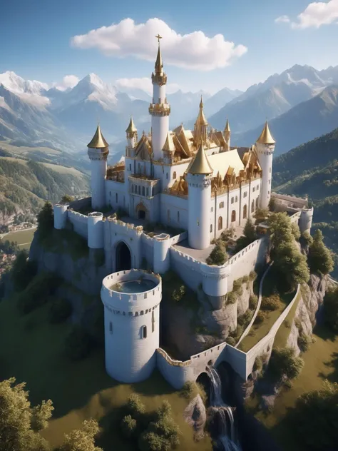 (huge sacred European castle on the mountains: 1.3), surrounded by many small villages, castles and mountains with many (waterfalls of different sizes),(the castle is composed of white brick walls), with gold paint on them, very gorgeous and noble, very complicated decoration, vegetation, blue sky, clouds floating in the mountains,(birds flying: 0.4), (Unreal Engine Rendering: 1.1),(realistic, photo-realistic:1.1),(super detail: 1.2), very clear, film level lighting, 4k, masterpiece,high resolution,Variegated color filter,