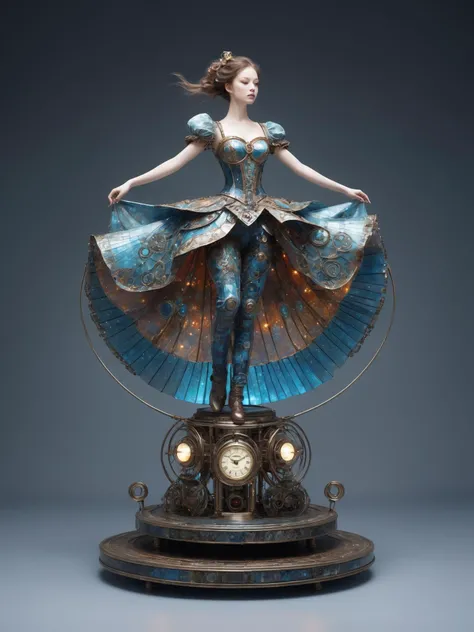 dreamscape An exquisite and breathtaking painting captures a delicate figurine, a porcelain ballerina, beautiful woman. The full-body standing figure appears to be suspended on a glowing pedestal, her light sparkling eyes seemingly alive with energy. Her intricate armor is composed of scaly gelatinous mosaic parts and delicate mechanical components that shine like LED lights in the dark. An old steampunk toy shop in the background, its dusty texture adding a sense of nostalgia and age to the scene. it showcases the beauty and complexity of steampunk aesthetics like never before. vibrant colors, style of Piotr Foksowicz and Andrew Ferez, embedding:SimplePositiveXLv2, . surreal, ethereal, dreamy, mysterious, fantasy, highly detailed,