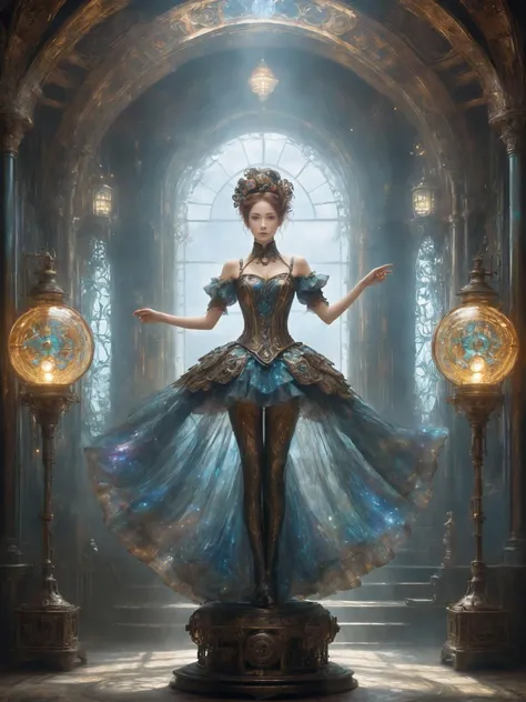dreamscape An exquisite and breathtaking painting captures a delicate figurine, a porcelain ballerina, beautiful woman. The full-body standing figure appears to be suspended on a glowing pedestal, her light sparkling eyes seemingly alive with energy. Her intricate armor is composed of scaly gelatinous mosaic parts and delicate mechanical components that shine  LED lights in the dark. An old steampunk toy shop in the background, its dusty texture adding a sense of nostalgia and age to the scene. it showcases the beauty and complexity of steampunk aesthetics  never before. vibrant colors, style of Piotr Foksowicz and Andrew Ferez, surreal, ethereal, dreamy, mysterious, fantasy, highly detailed,