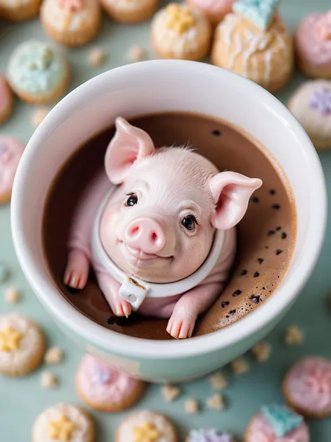 A tiny cute pig curled up asleep inside a coffeecup, (Soft Focus), (f_stop 2.8), (focal_length 50mm) macro lens f/2.8, surrounded by (scattered) pastries, (pastel) colors, (cozy) morning light filtering through a nearby window, (whimsical) steam shapes, captured with a (Canon EOS R5), highlighting (serene) comfort, (miniature) whimsy,