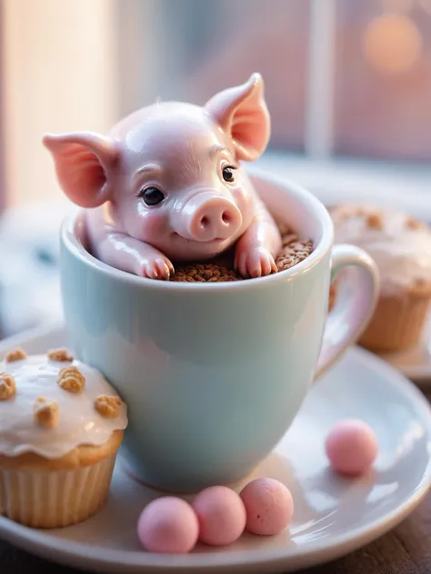 A tiny cute pig curled up asleep inside a coffeecup, (Soft Focus), (f_stop 2.8), (focal_length 50mm) macro lens f/2.8, surrounded by (scattered) pastries, (pastel) colors, (cozy) morning light filtering through a nearby window, (whimsical) steam shapes, captured with a (Canon EOS R5), highlighting (serene) comfort, (miniature) whimsy,