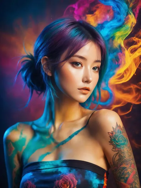 Colorful beautiful woman, Black ink flow, energy flies out of the body, colorful background, 8k resolution photorealistic masterpiece