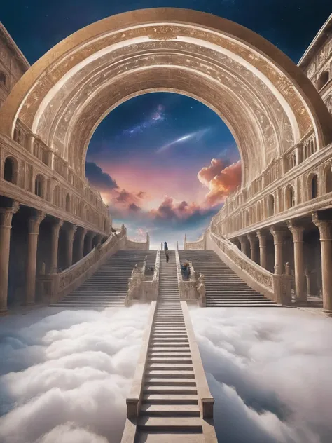 Dreamyvibes artstyle, A surreal depiction of the quest for equality, represented by a vast, ((endless staircase winding through the clouds)), with diverse people climbing together toward a shining, elusive doorway at the top. The scene blends elements of fantasy and reality, with barriers along the path symbolizing various social obstacles. The mood is hopeful yet challenging, with ethereal lighting and symbolic motifs scattered throughout.