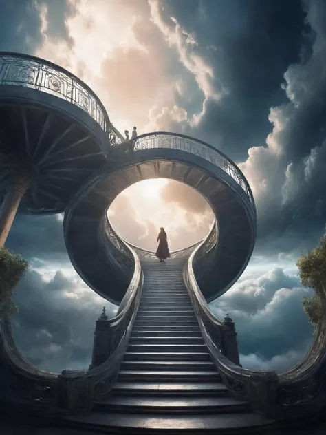 Dreamyvibes artstyle, A surreal depiction of the quest for equality, represented by a vast, ((endless staircase winding through the clouds)), with diverse people climbing together toward a shining, elusive doorway at the top. The scene blends elements of fantasy and reality, with barriers along the path symbolizing various social obstacles. The mood is hopeful yet challenging, with ethereal lighting and symbolic motifs scattered throughout.