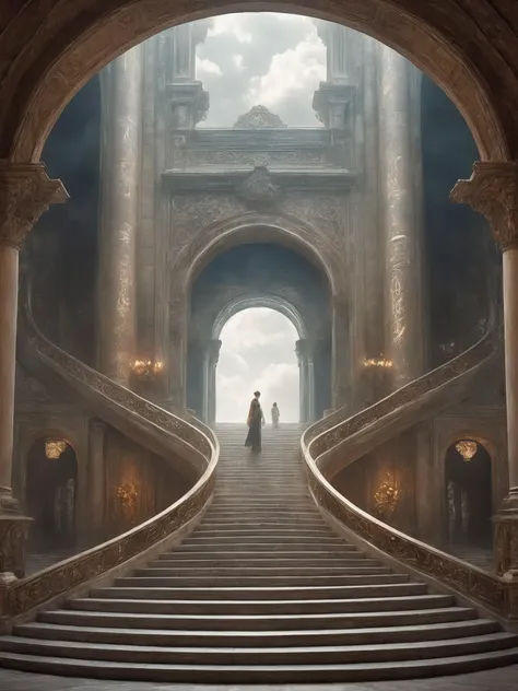 Dreamyvibes artstyle, A surreal depiction of the quest for equality, represented by a vast, ((endless staircase winding through the clouds)), with diverse people climbing together toward a shining, elusive doorway at the top. The scene blends elements of fantasy and reality, with barriers along the path symbolizing various social obstacles. The mood is hopeful yet challenging, with ethereal lighting and symbolic motifs scattered throughout.
