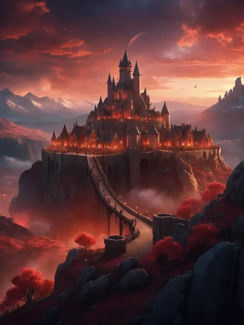A detailed and realistic fantasy medieval village scene, infused with dynamic and cinematic lighting effects. The scene is bathed in a dramatic red light with volumetric clouds in the background, creating a powerful and inspirational atmosphere. The image should be rendered with high fidelity, showcasing a sharp macro perspective, depth of field, and a soft blur to accentuate the focal points. The artwork aims to convey an aesthetic reminiscent of epic cinematic concept art, produced with sophisticated 3D rendering tools for a breathtaking visual experience,