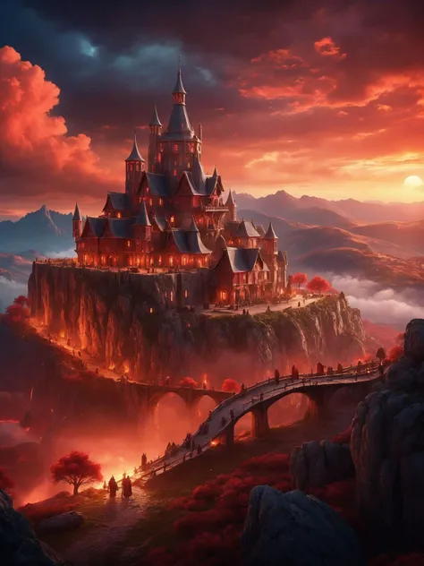 A detailed and realistic fantasy medieval village scene, infused with dynamic and cinematic lighting effects. The scene is bathed in a dramatic red light with volumetric clouds in the background, creating a powerful and inspirational atmosphere. The image should be rendered with high fidelity, showcasing a sharp macro perspective, depth of field, and a soft blur to accentuate the focal points. The artwork aims to convey an aesthetic reminiscent of epic cinematic concept art, produced with sophisticated 3D rendering tools for a breathtaking visual experience,
