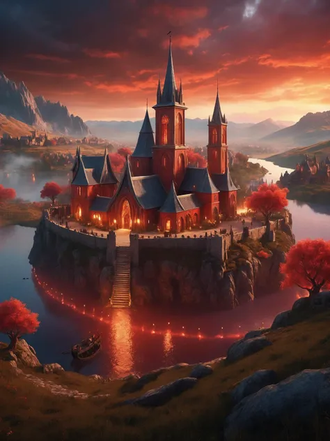 A detailed and realistic fantasy medieval village scene, infused with dynamic and cinematic lighting effects. The scene is bathed in a dramatic red light with volumetric clouds in the background, creating a powerful and inspirational atmosphere. The image should be rendered with high fidelity, showcasing a sharp macro perspective, depth of field, and a soft blur to accentuate the focal points. The artwork aims to convey an aesthetic reminiscent of epic cinematic concept art, produced with sophisticated 3D rendering tools for a breathtaking visual experience,