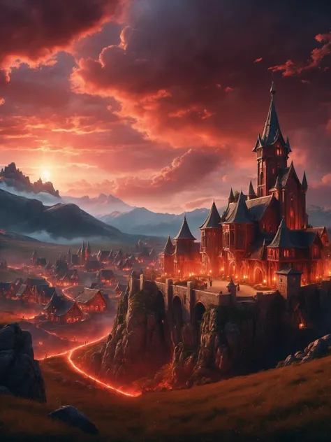 A detailed and realistic fantasy medieval village scene, infused with dynamic and cinematic lighting effects. The scene is bathed in a dramatic red light with volumetric clouds in the background, creating a powerful and inspirational atmosphere. The image should be rendered with high fidelity, showcasing a sharp macro perspective, depth of field, and a soft blur to accentuate the focal points. The artwork aims to convey an aesthetic reminiscent of epic cinematic concept art, produced with sophisticated 3D rendering tools for a breathtaking visual experience,