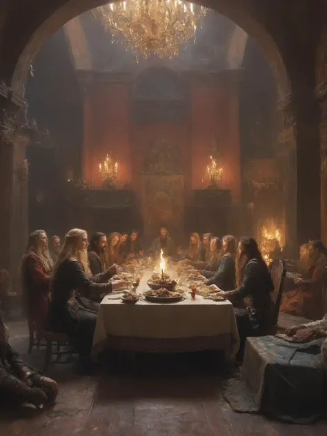 vikings women feasting in the halls of Odin, (painting by gaston bussiere, greg rutkowski, ilya repin, Josef von Brandt, oil on canvas, trending on artstation, featured on pixiv, cinematic composition, extreme detail, metahuman creator, epic background), ((happy smiles, laughing)), viking female warriors eating and drinking, exquisite clothing detail, dining table, ale and meat, close up,